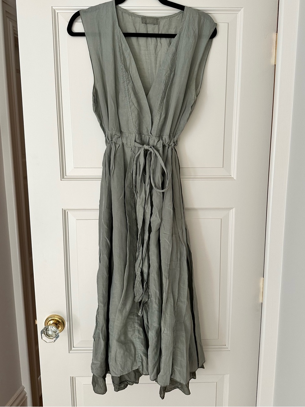 CP Shades Sage Green Sleeveless V-Neck Midi Dress with Waist Tie